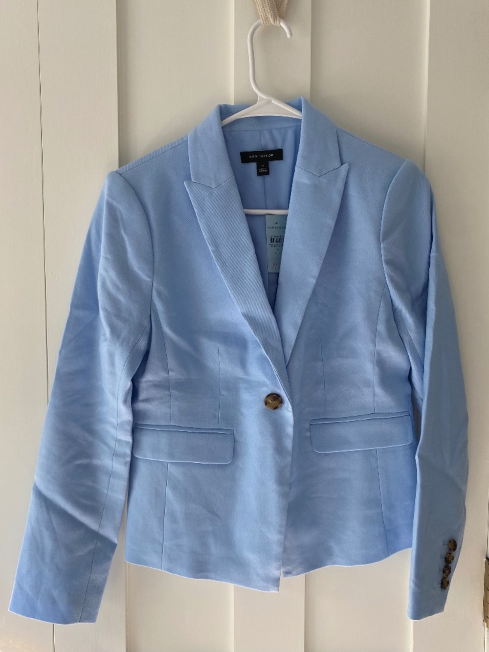 Ann Taylor Petite Linen One Button Peak Lapel Blazer 4P Ojai Sky Blue NWT